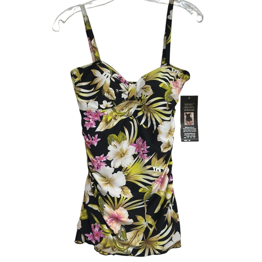 Shore Shapes Swimdress Women Black Tropical Floral Tummy Control Beach Pinup 10